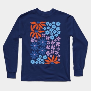 Red Blue Lilac Whimsical Flowers Long Sleeve T-Shirt